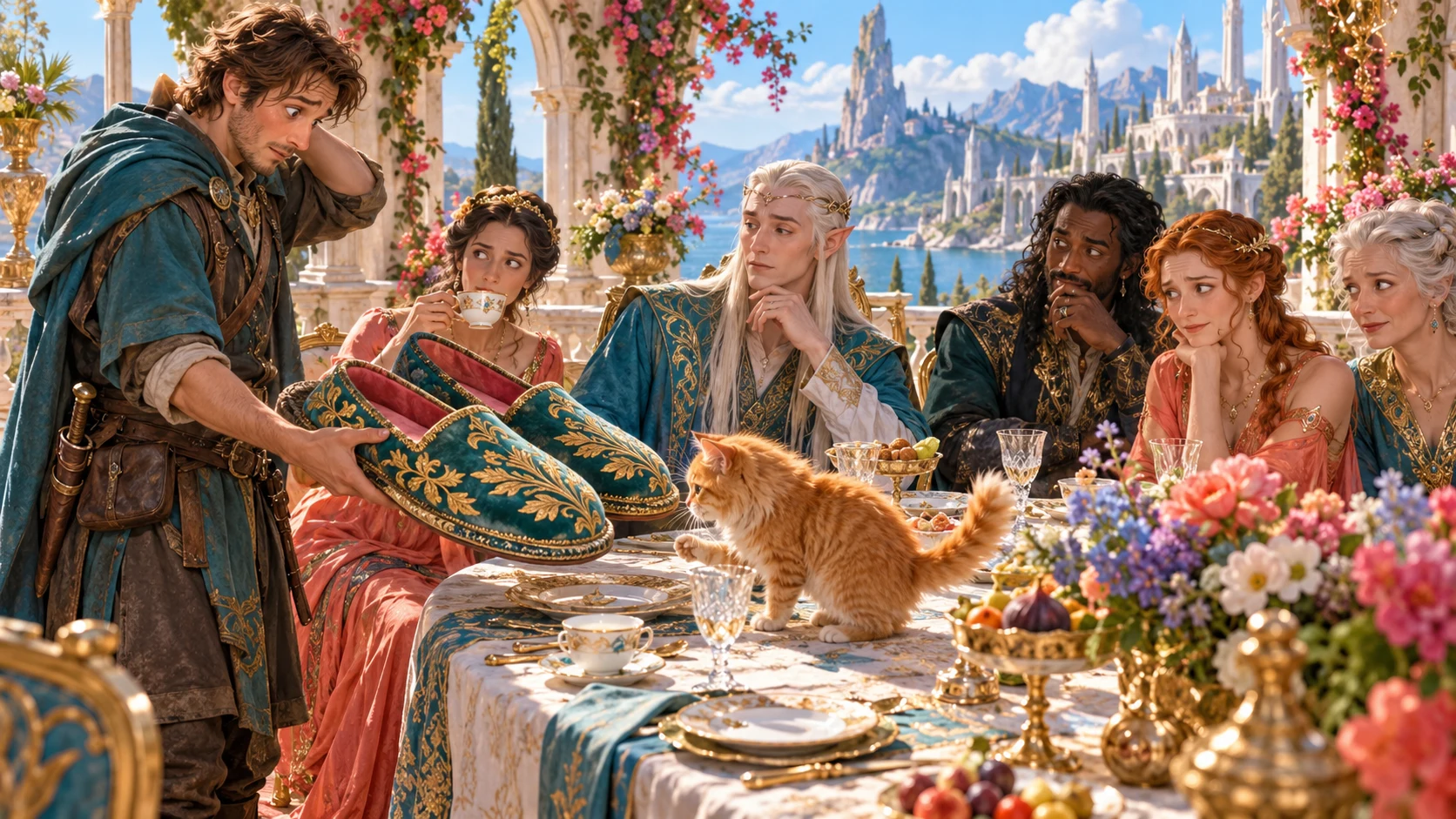 Fantasy editorial illustration of an awkward social pause at a fantasy gathering