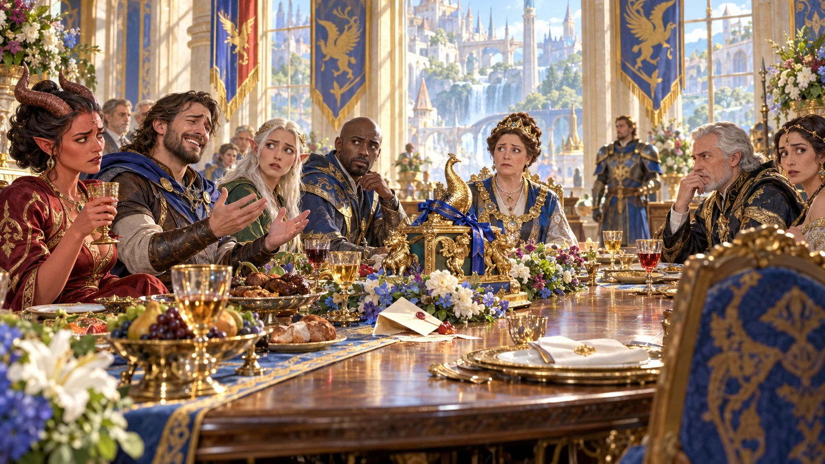 Fantasy editorial illustration of an uncomfortable remark and distinct reactions at a fantasy banquet